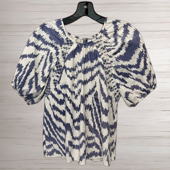 Saylor Blue-Gray & Cream Smocked Puff Sleeve Cotton Blouse – Size Small - Picture 1 of 8